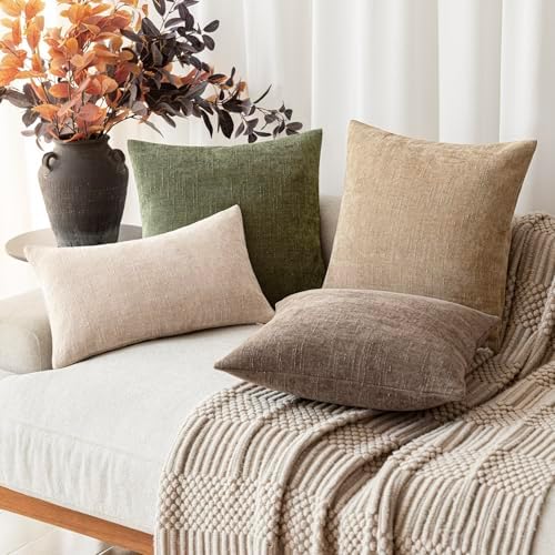 Foindtower Solid Textured Chenille Throw Pillow Covers 22x22,Olive