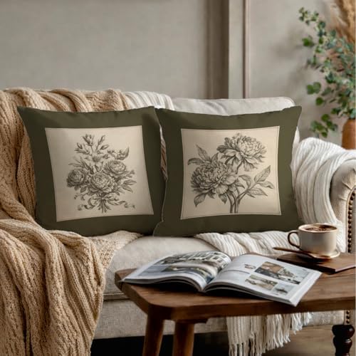 Vintage Peony Floral Pillow Covers 18x18, Antique Olive Green