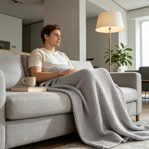 Cotton Blanket Queen Size for Summer Waffle Weave Thin Lightweight