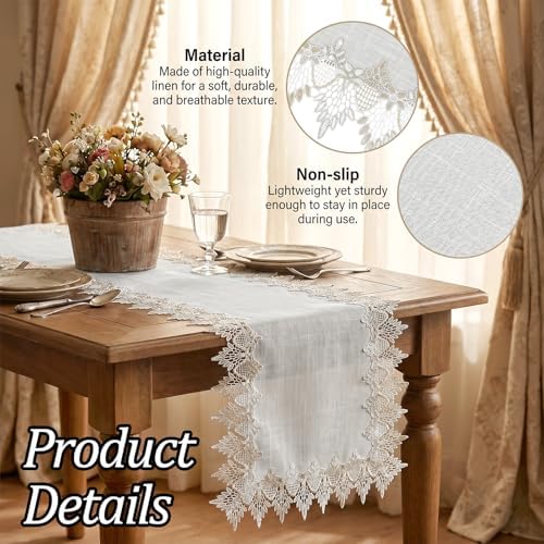 Natural Linen Table Runner, 36 inches Neutral Earth Tones Beige Lace