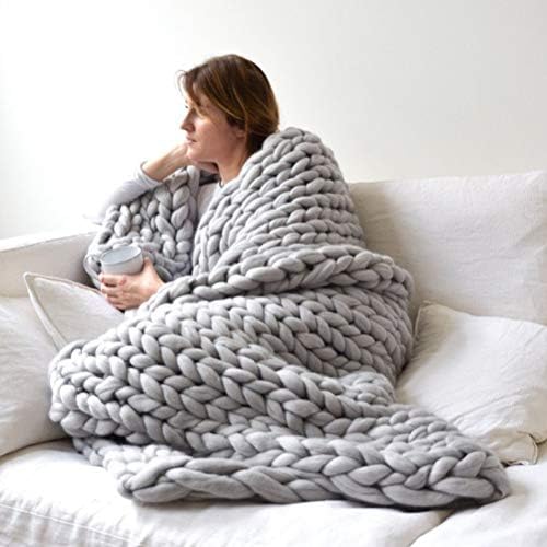 Chunky Knit Throw, Cozy Wool Yarn, 50x50cm (Gray #91)