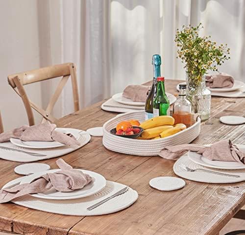 Oval Cotton Placemats Set of 6 -Coasters & Holder, Off White
