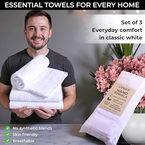 White 100% Cotton Bath Hand Towels for Bathroom - Thick Luxury Soft