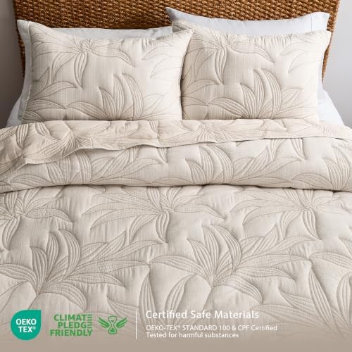 WDCOZY Beige Leaf Embroidered Quilt Set, Queen Size, Lightweight