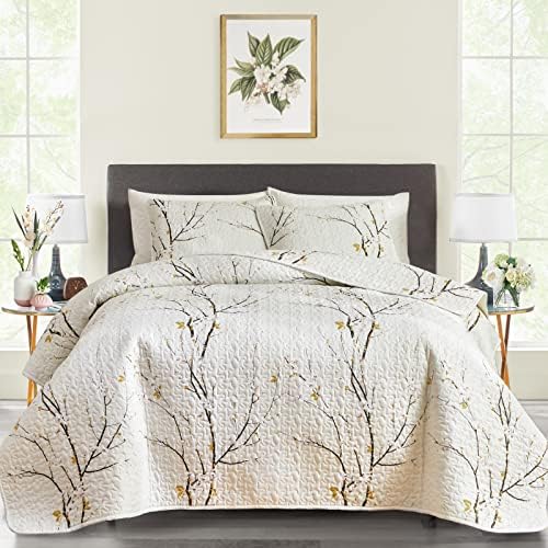 Quilt Set King Size Cream White with Black Branch Bedding Set 88x88