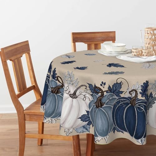 Horaldaily Fall Tablecloth 90 x 90 Inch Round Autumn Harvest Blue