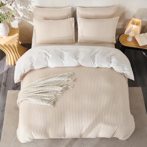 Striped King Duvet Cover Beige Washed Cotton Jacquard 3 Pieces Bedding