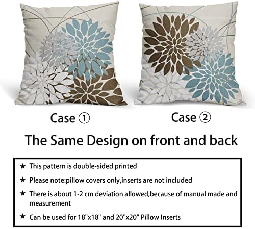 Brown Blue White Grey Gray Flower Pillow Covers 22x22 Set of 2 Dahlia