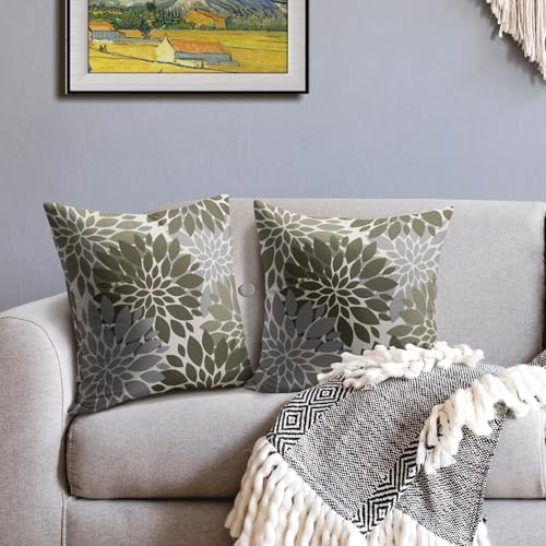 Olive Green Flower Pillow Covers 20x20 Set of 2 Grey Gray Dahlia