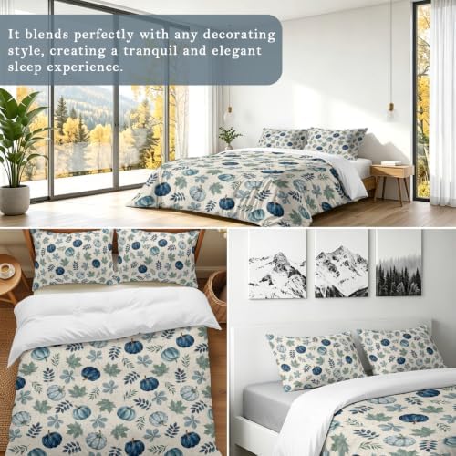 Blue Pumpkins Fall Duvet Cover Set 3 Pieces with Zipper Closure