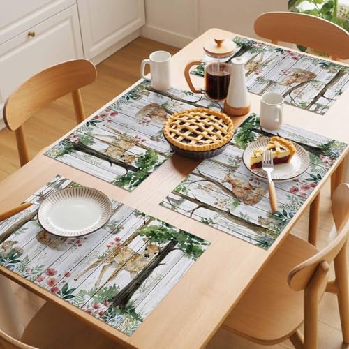 Placemats Set of 8, Spring Forest Animals Woven Placemat, Linen Place