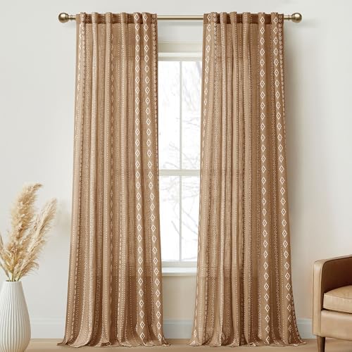Light Brown Boho Linen Curtains 120 Inch Length 2 Panel Set with
