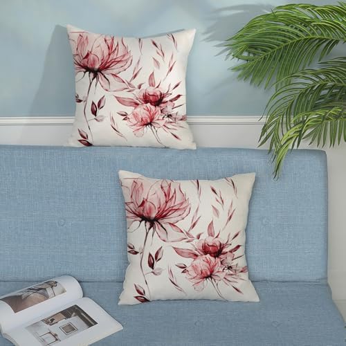 Spring Summer Pillow Covers 18x18 Set of 2 Vintage Burgundy Red Floral