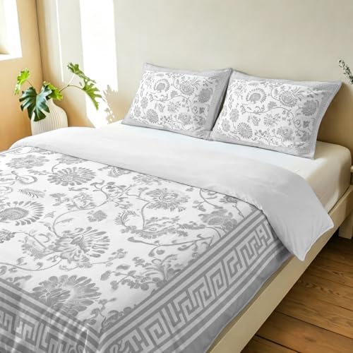 3 Pieces Bedding Set Queen Size, Grey Floral Soft Duvet Covers Set