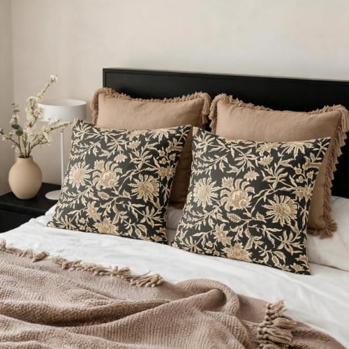 Vintage Floral Pillow Covers 18x18 Set of 2 Dark Grey Retro Botanical