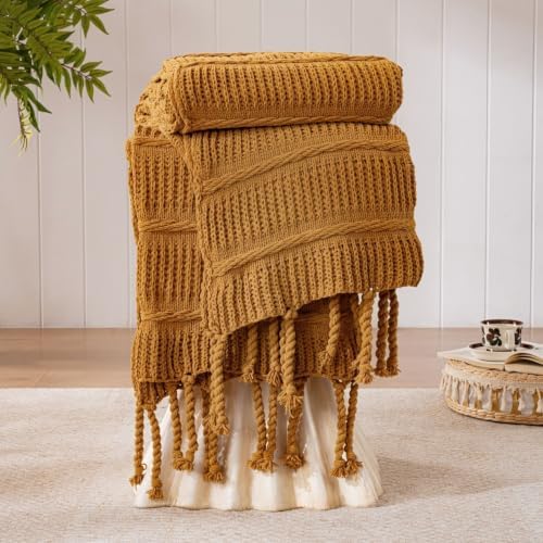 Boho Knitted Chenille Blanket with Tassels - Lightweight & Soft