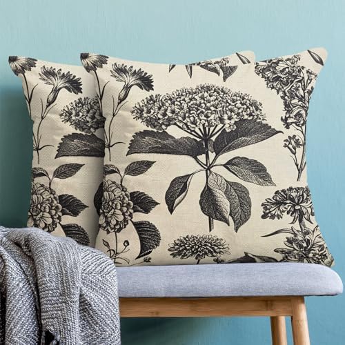 Floral Pillow Covers 20x20 Set of 2 Vintage Black Hydrangea Herbs