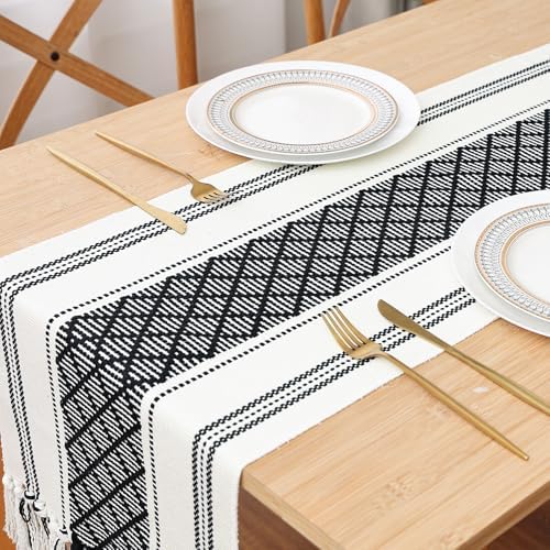 Off-White and Black Rustic Boho Table Runner with Tassels, Farmhouse