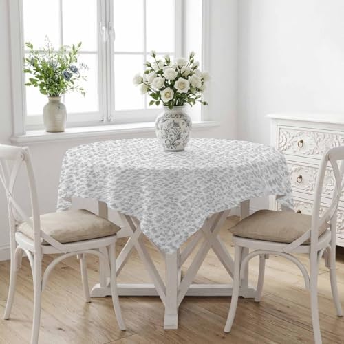 Vintage Gray Table Cloth, Rustic Minimalist Floral Print Farmhouse