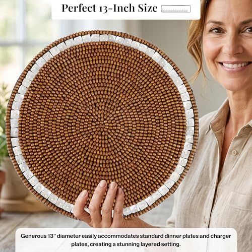 Round Woven Placemats Set of 2 13 Inch Ivory Natural Handmade Table
