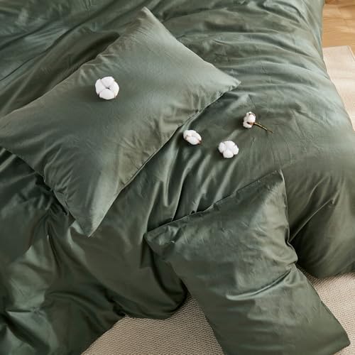 100% Washed Cotton Duvet Cover King Size – Olive Green, Linen-Like