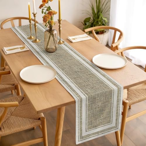 White Double Border Table Runner, Farmhouse Linen Woven Texture Beige