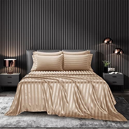 AiMay 6 Piece Satin Italian Style Bed Sheet Set Deep Pocket Striped