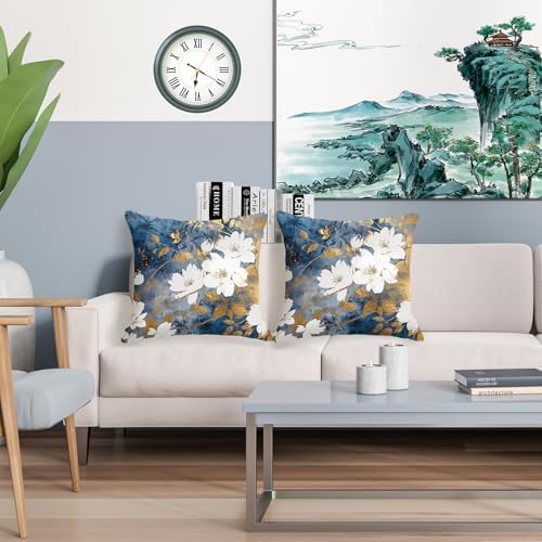 Blue Flower Throw Pillow Covers 20x20 inch Set of 2 Abstract Gold Leaf