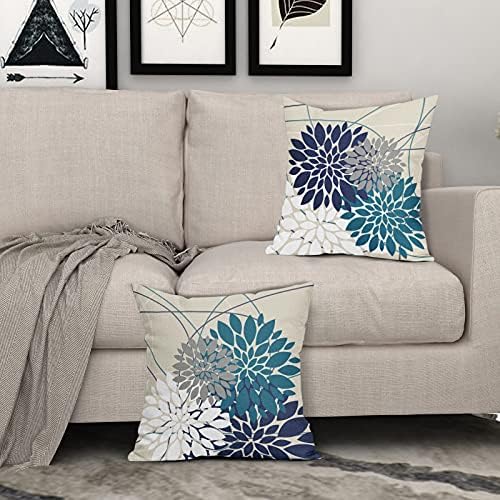 Navy Blue Teal White Grey Flower Pillow Covers 22x22 Set of 2 Dahlia