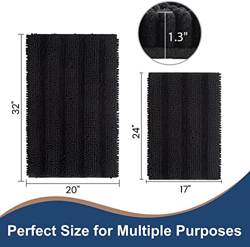 FLOLEOPA Non Slip Thick Shaggy Chenille Black Bathroom Rug Sets