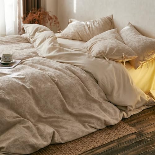 Linen Cotton Duvet Cover Queen Floral Jacquard Textured