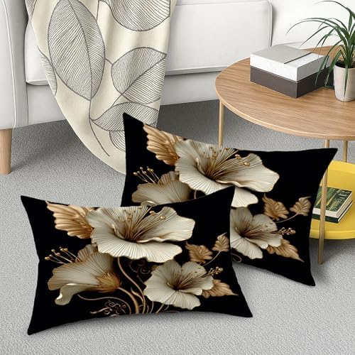 Elegant Floral Pillow Covers Set of 2, Cream and Gold Flower Design