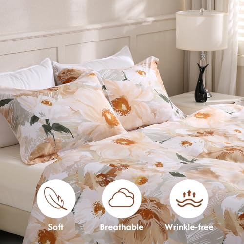 LONAVA Queen Flower 3 Pcs Duvet Cover Set, Breathable Soft Microfiber
