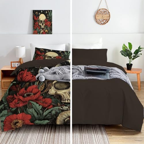 Charcoal Gray Gothic Skull Starry Sky Duvet Cover Set for Women Girls