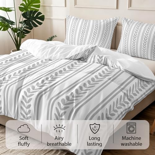 3 Pieces Bedding Set King Size, Grey Botanical Soft Duvet Covers Set