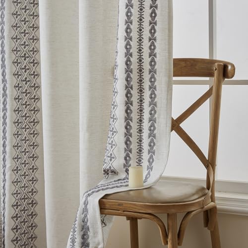 Beige Boho Curtains 84 Inch Length 2 Panels Set Faux Linen Embroidered