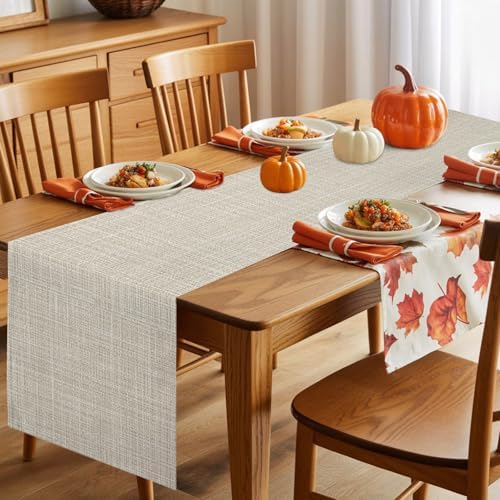Beige Table Runners 108 Inches Long, Cotton Linen Fabric Table Runner