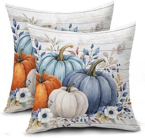 Fall Pumpkin Floral Throw Pillow Covers 22x22 Inch Blue Teal Orange