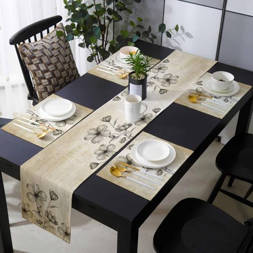 Vintage Beige Flowers Gradient Table Runner and Placemats Set of 6