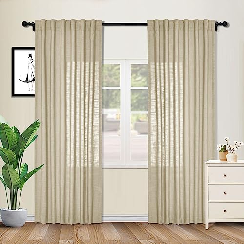 cololeaf Linen Curtains Natural 63 inches Long Neutral Drapes Rod