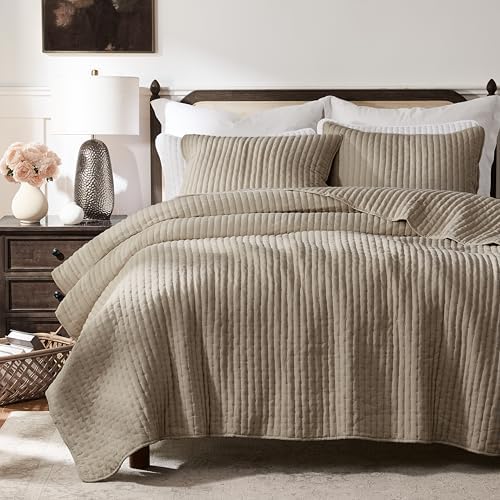 WDCOZY Dark Beige Cross Stitch King Size Quilt Set, Striped