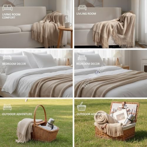 Chenille Throw Blanket Soft Cozy Lightweight Cream Knitted Blanket for