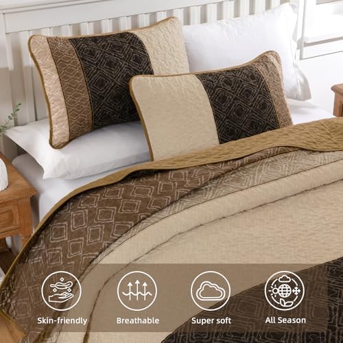 Cottolester Light Brown King Quilt Set,3 Pcs Boho Striped Plaid