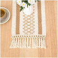 130 Inch Long Brown White Table Runner for Living Room, Cotton Linen