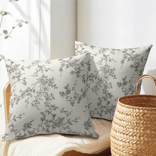 Floral Pillow Covers 20x20 Inch Black and Cream Outdoor Decorative