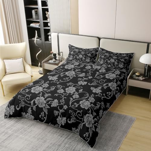Erosebridal Boho Floral Duvet Cover Set Grey Flower 100% Cotton