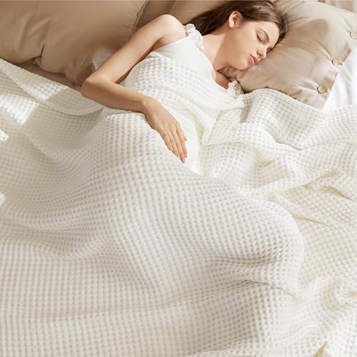 Bedsure Lightweight 100% Cotton Waffle Blanket, Queen, Ivory