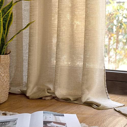 MIULEE Tan Brown Faux Linen Textured Semi Sheer Curtains 2 Panels Set