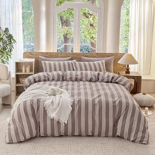 Striped Duvet Cover Set 100% Washed Cotton Linen Like Super Soft Chic