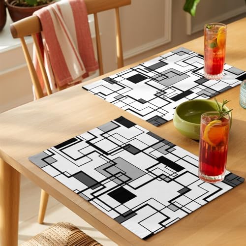 Cotton Linen Placemats for Dining Table Set of 8 Gray Geometric